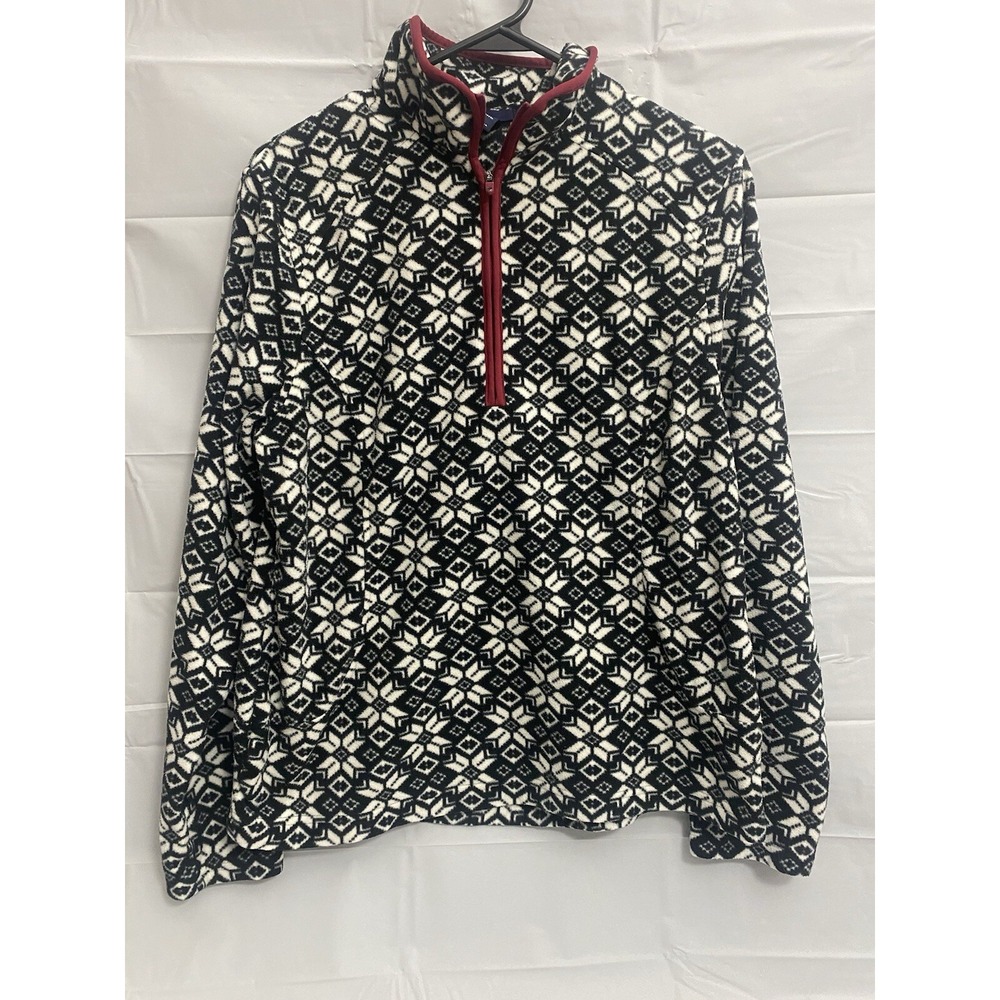 Lands End 1/4 Zip Fleece Womans Size M Black‎ White Snowflake Design #303